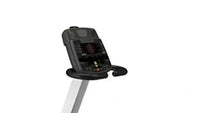 Black digital console with red logo and control buttons on silver frame of encore recumbent bike for home fitness