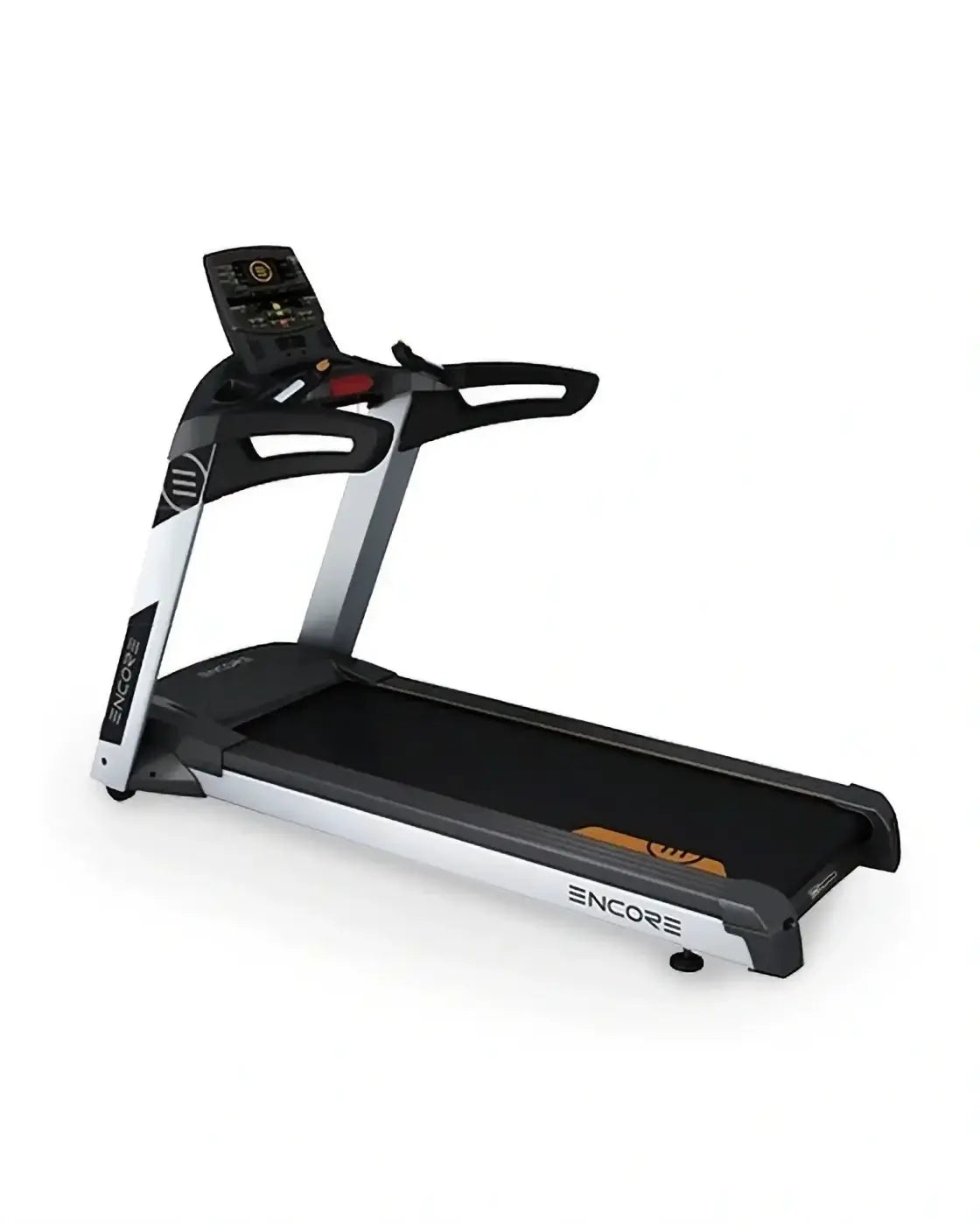 Black and silver encore treadmill with a digital display panel built for home fitness use
