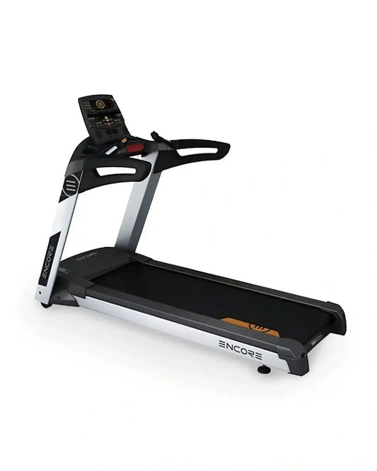 Black and silver encore treadmill with a digital display panel built for home fitness use