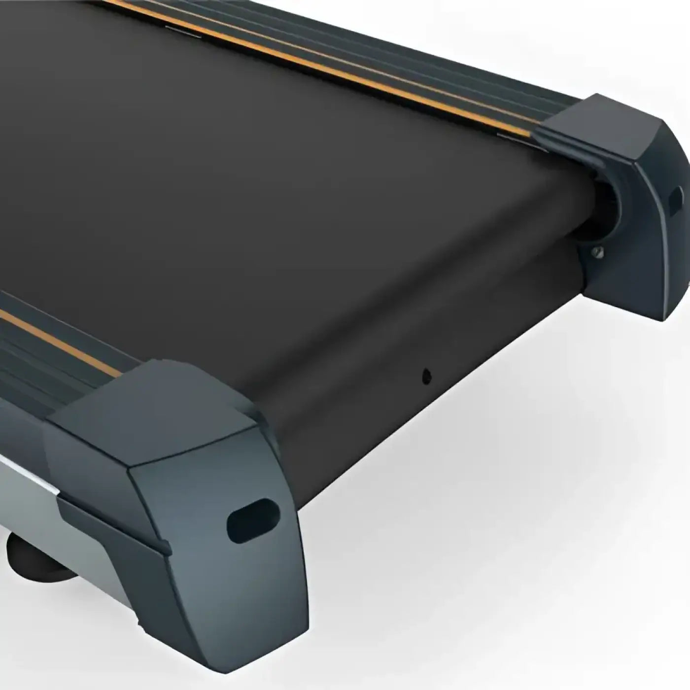 Encore treadmill with black belt, gold accent stripes, and sturdy dark gray plastic end caps for home use