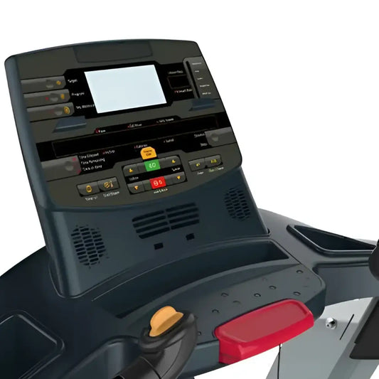 Black treadmill console with digital display and colorful buttons featuring red and yellow accents on iht encore motorised treadmill