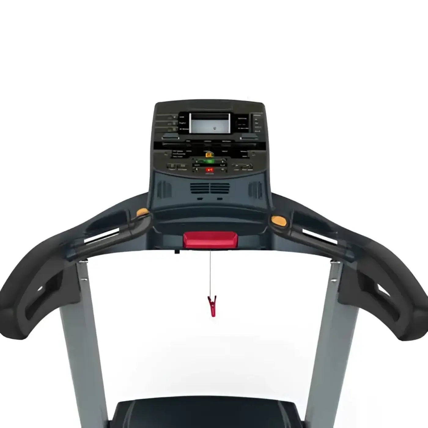 IHT Encore motorised treadmill black and gray with digital display red emergency stop button and ergonomic handrails for home gym use