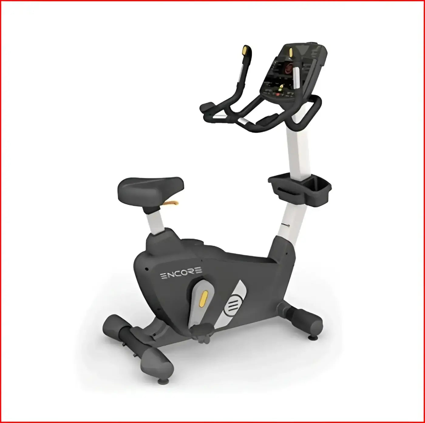 Black and silver encore upright bike with a digital display screen designed for indoor exercise and fitness