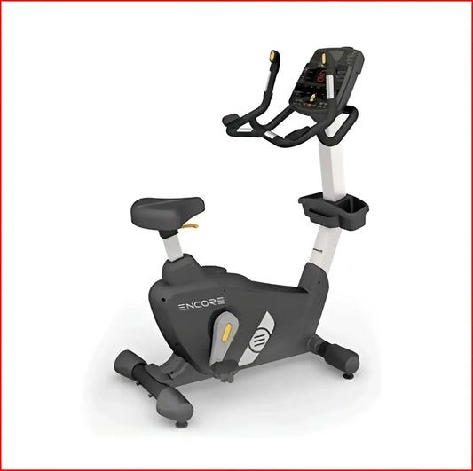 Black and silver encore upright bike with a digital display screen designed for indoor exercise and fitness