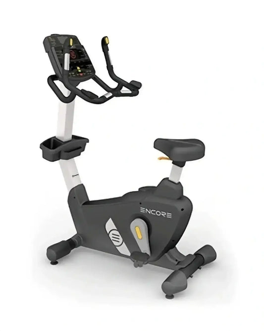 Encore upright exercise bike in black and silver with digital display adjustable handlebars and padded seat for home use