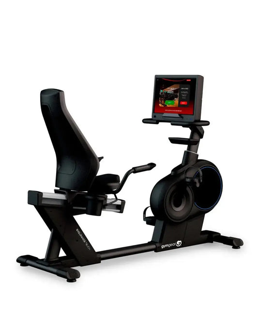 Black endurance touch recumbent bike with ergonomic seat and integrated touchscreen display for home workout