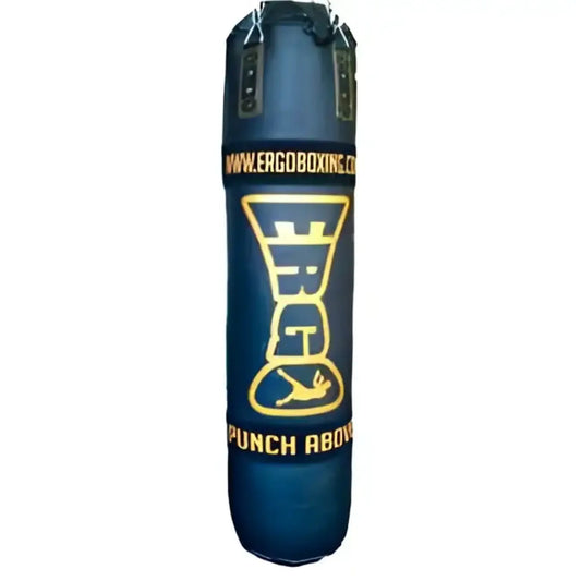 Dark blue leather ergo 4ft punching bag with gold ergoboxing logo and punch above slogan for home workout use