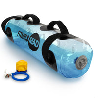 Blue inflatable drum with black handles and 'Fitness Mad' branding on a white background