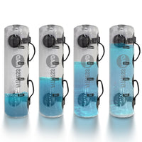 Four transparent water weight bags and black straps on a white background