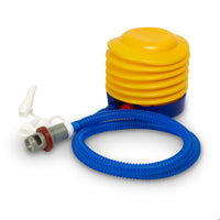 Yellow and blue inflatable pool float with a hose on a white background