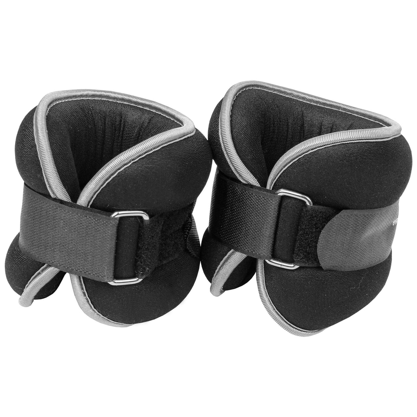 Pair of black ankle weights with grey straps on a white background