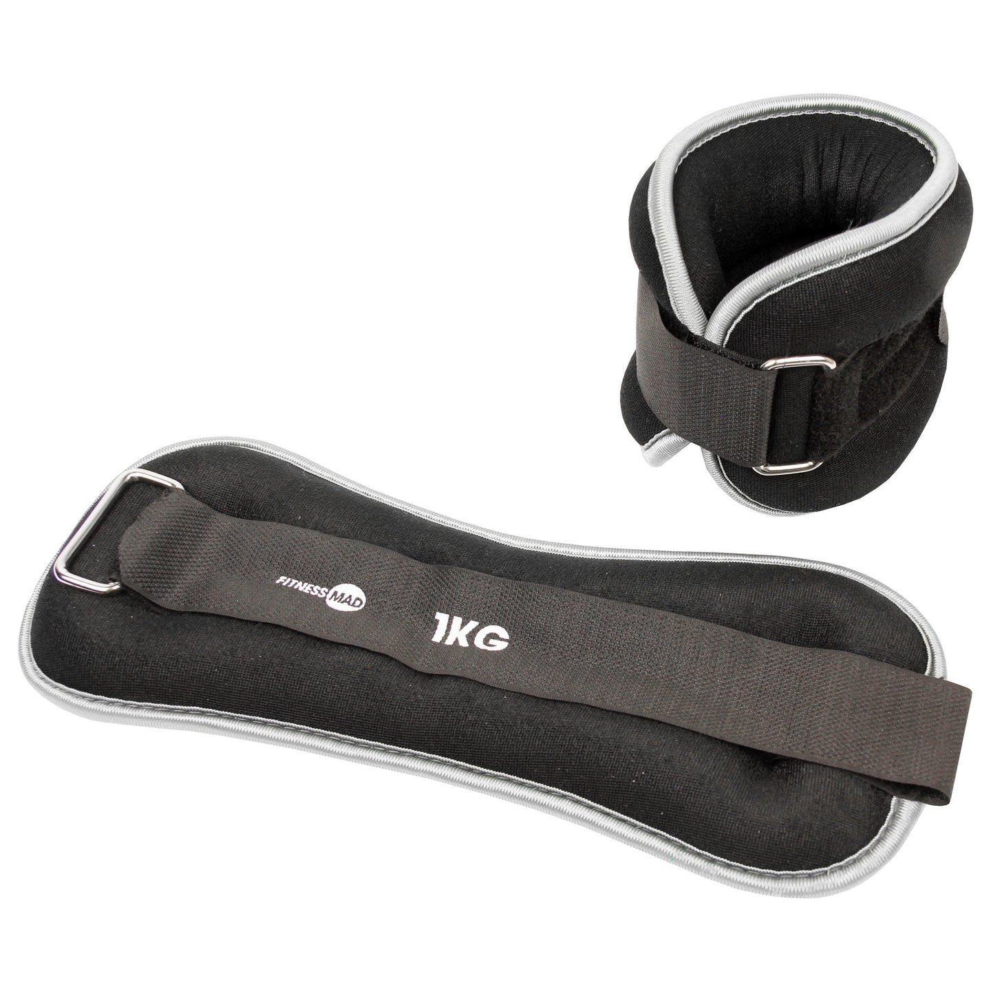 A pair of black adjustable weightlifting ankle cuffs and a matching black ankle pad with a grey strap, shown on a plain white background. 