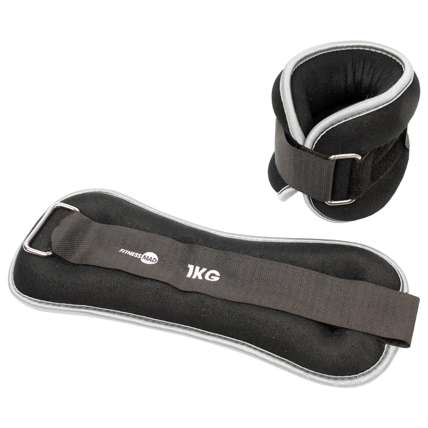 A pair of black adjustable weightlifting ankle cuffs and a matching black ankle pad with a grey strap, shown on a plain white background. 