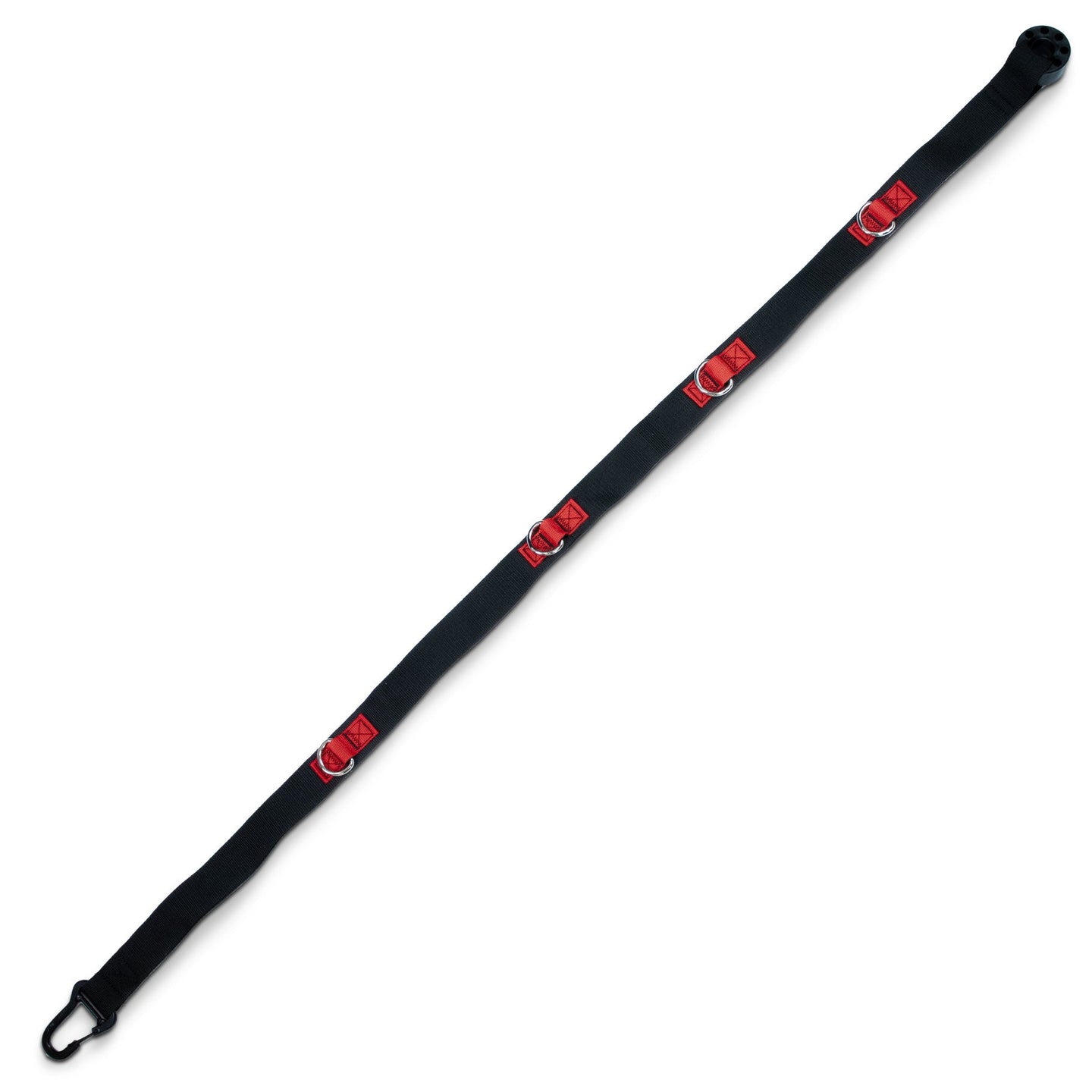 A black nylon strap with red and white logo patches and metal D-rings, shown diagonally on a white background.