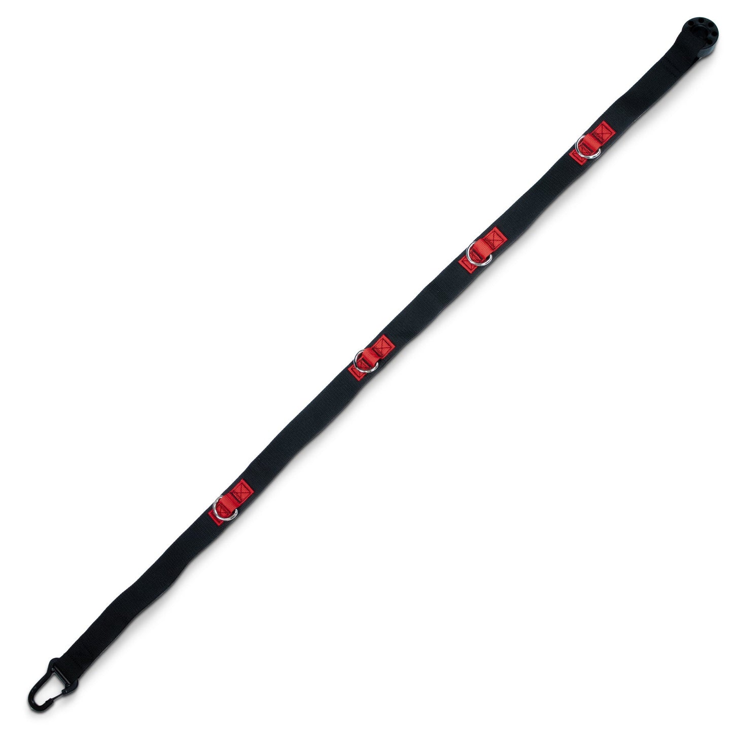 A black nylon strap with red and white logo patches and metal D-rings, shown diagonally on a white background.