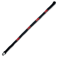 A black nylon strap with red and white logo patches and metal D-rings, shown diagonally on a white background.