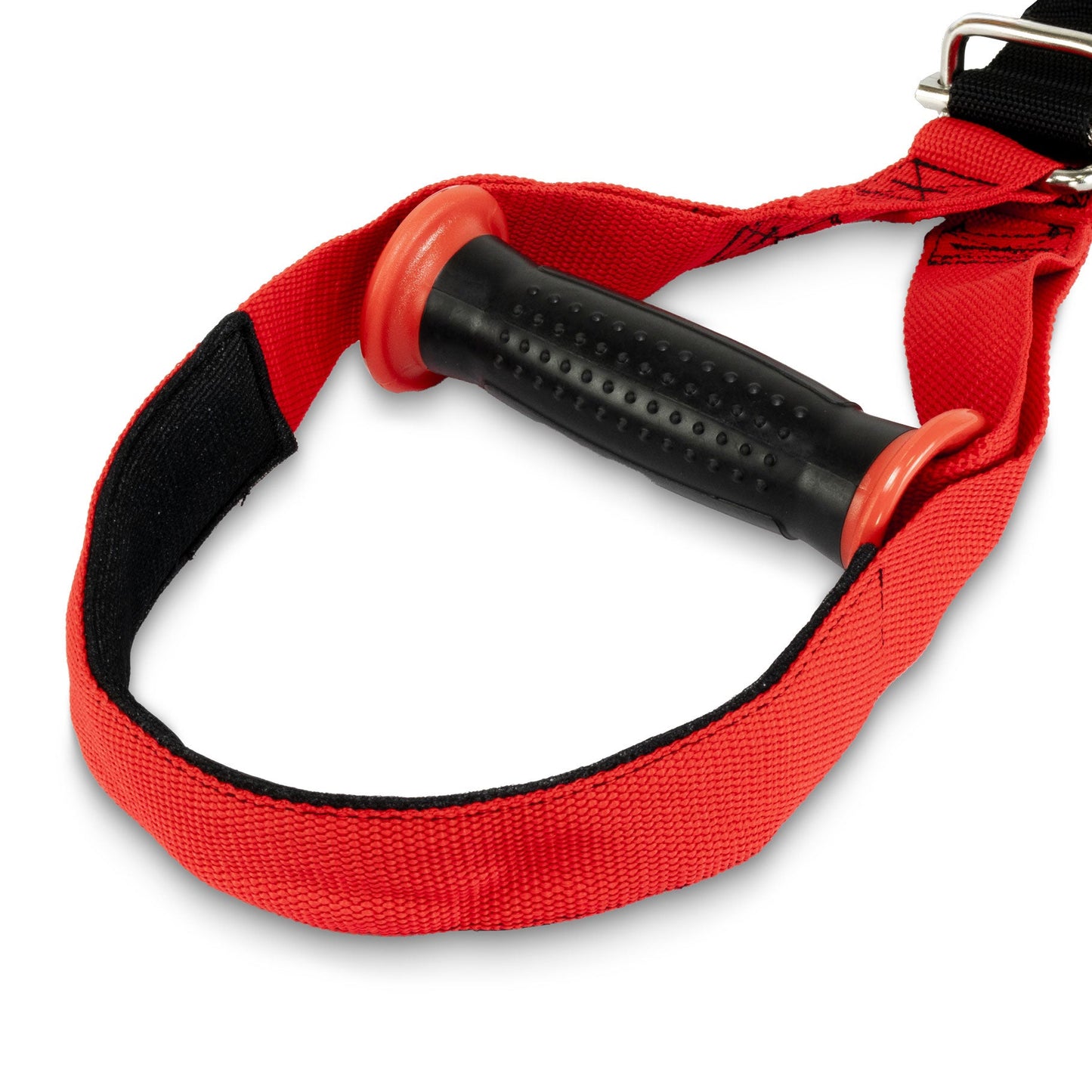 Close-up of a red and black resistance band with a textured black handle and metal buckle, shown on a white background.