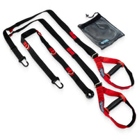 Set of black and red exercise straps with a carrying bag on a white background
