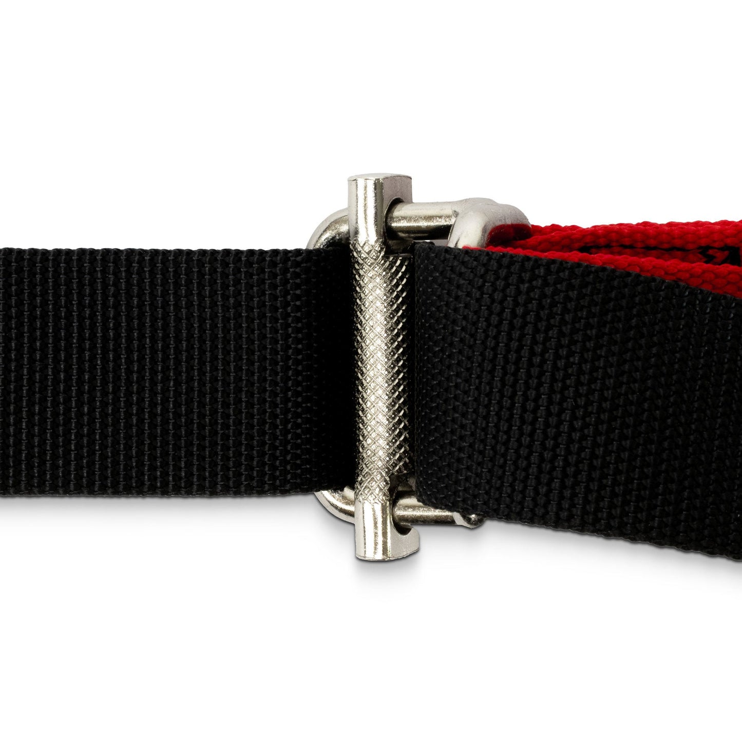 Close-up of a black webbed strap with a silver metal buckle and a red inner layer, shown on a white background.