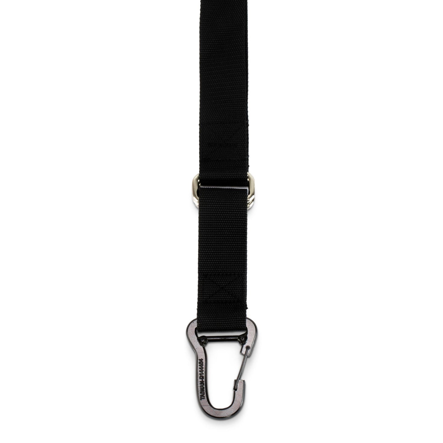 A close-up of a black nylon webbing strap with a silver carabiner clip and metal hardware, shown vertically against a plain white background.