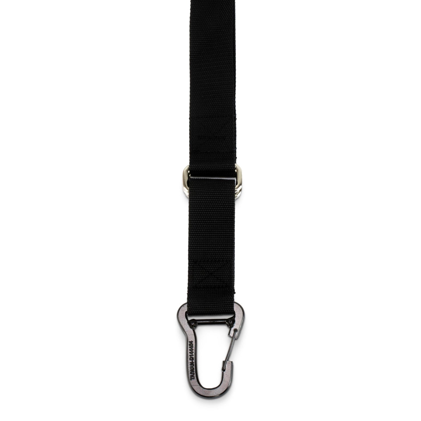 A close-up of a black nylon webbing strap with a silver carabiner clip and metal hardware, shown vertically against a plain white background.
