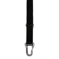 A close-up of a black nylon webbing strap with a silver carabiner clip and metal hardware, shown vertically against a plain white background.