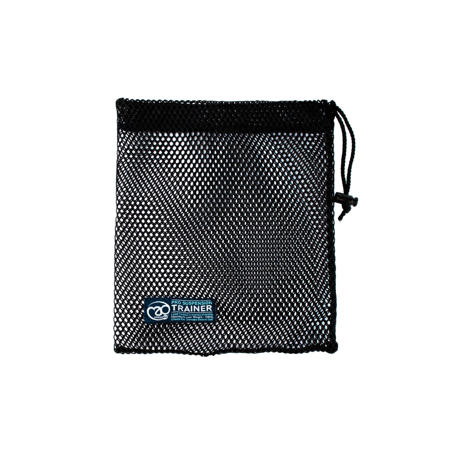 A black mesh drawstring pouch with a small blue and white 'TRAINER' logo patch on the front, shown against a plain white background.