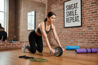 A woman in a gym setting, kneeling on a wooden floor while using an ab roller. She is wearing a black sports bra and black leggings.