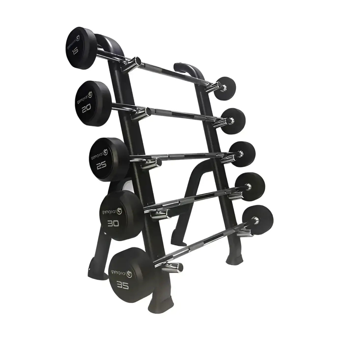 Black weight rack holding five fixed rubber barbell sets with chrome bars and black 5 to 35 pound plates uk delivery