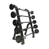 Black weight rack holding five fixed rubber barbell sets with chrome bars and black 5 to 35 pound plates uk delivery