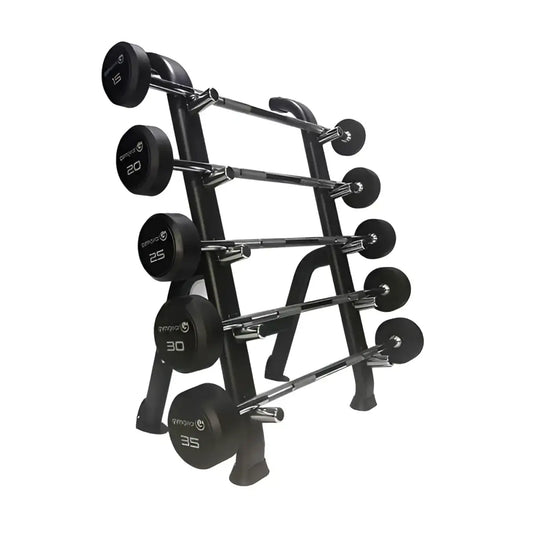 Black weight rack holding five fixed rubber barbell sets with chrome bars and black 5 to 35 pound plates uk delivery