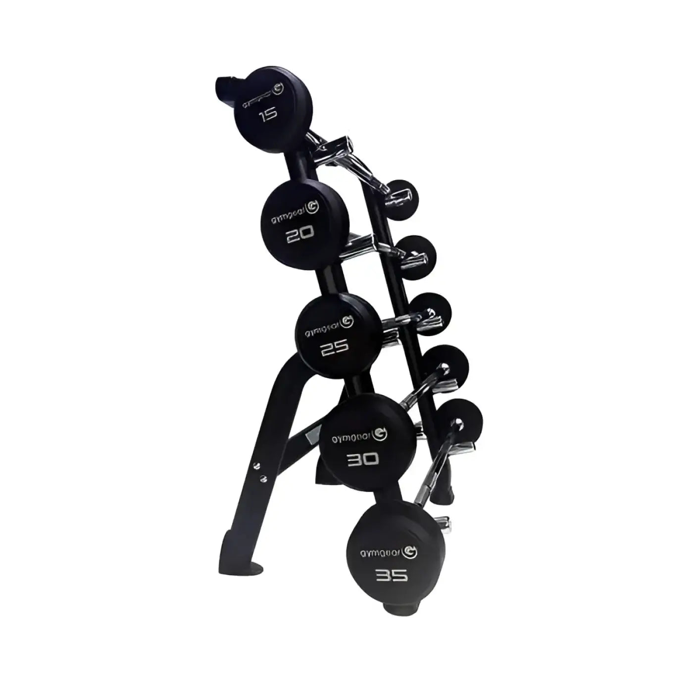 Black gymnocal dumbbell rack holding five weighted rubber plates for fixed rubber barbell sets uk delivery