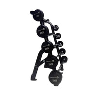 Black gymnocal dumbbell rack holding five weighted rubber plates for fixed rubber barbell sets uk delivery