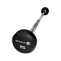 Black 15-pound fixed rubber dumbbell with silver bar and gymgear logo featured in fixed rubber barbell sets UK delivery