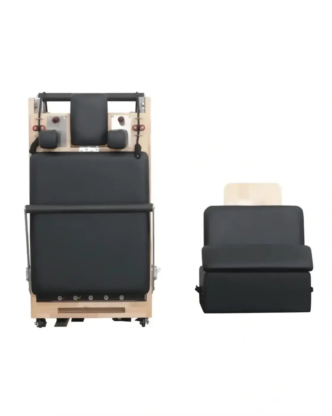 Foldable reformer with black padded surface, wooden oak frame, and adjustable resistance springs for Pilates UK delivery