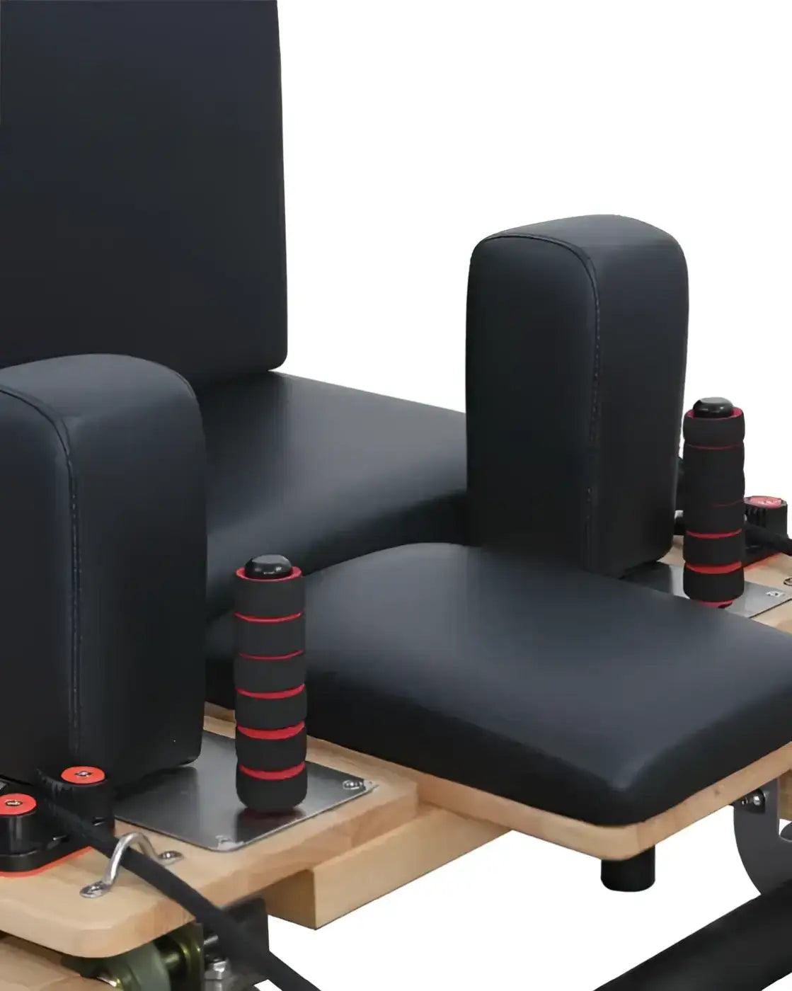 Foldable pilates reformer with black leather upholstery red-accented handles and wooden oak frame uk delivery