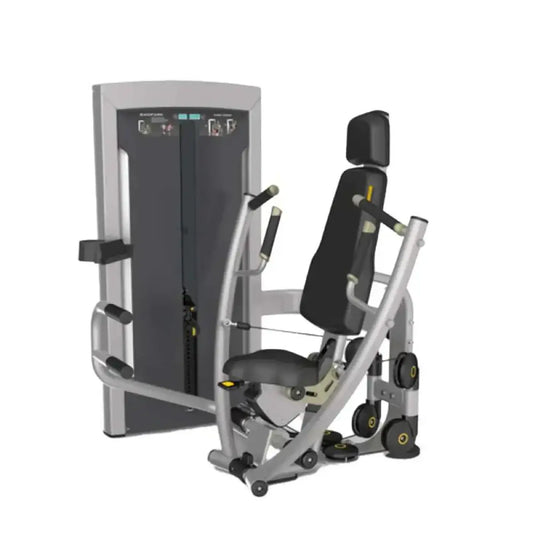 Silver and black fortitide series chest press machine with adjustable seat padded headrest and weight stack for uk delivery