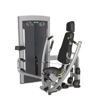 Silver and black fortitide series chest press machine with adjustable seat padded headrest and weight stack for uk delivery