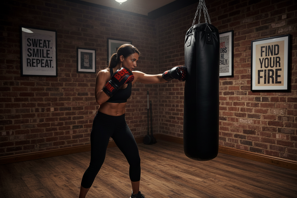 A woman in a black sports bra and leggings punches a black hanging heavy bag in a brick-floor gym, wearing red and black boxing gloves. Framed motivational posters hang on the brick walls.