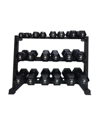Black hexagonal dumbbells neatly arranged on a three-tiered black metal gym gear 1.5m modular storage rack uk delivery