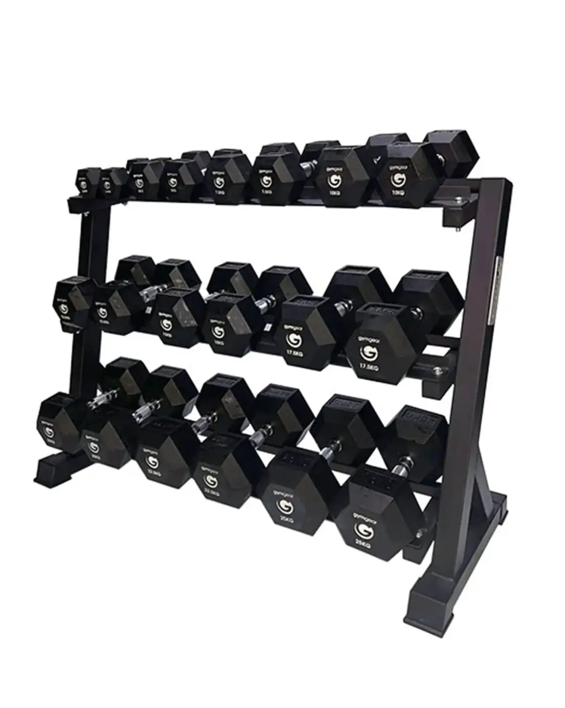 Black hexagonal dumbbells neatly arranged on a black gym gear 1.5m modular storage rack with uk delivery