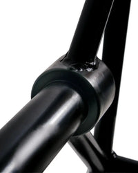 Black metal barbell with smooth glossy finish and welded joint for gym gear 1.8m open ended deadlift trap bar