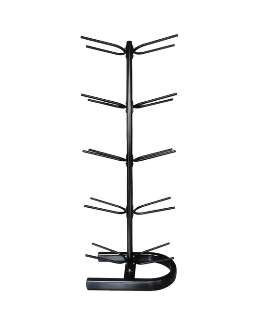 Black metal gym gear 10 ball double sided storage rack with five tiers of curved arms for home workout organization