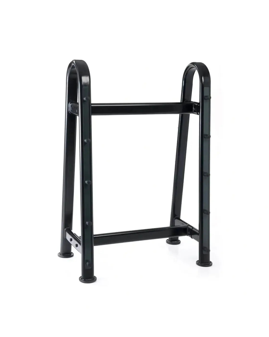Black metal walker frame with curved handles and sturdy legs shown from the back for gym gear 10 barbell storage rack