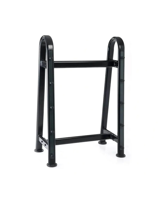 Black metal walker frame with curved handles and sturdy legs shown from the back for gym gear 10 barbell storage rack