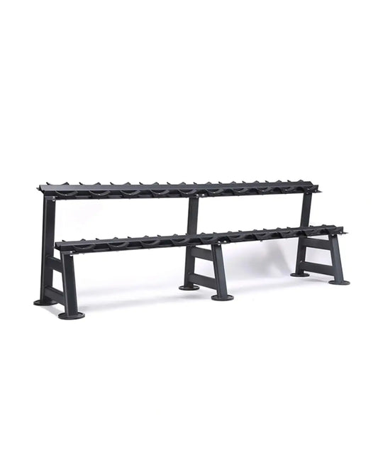 Black metal two tier dumbbell rack with evenly spaced slots for organizing up to 10 pairs of weights for home fitness