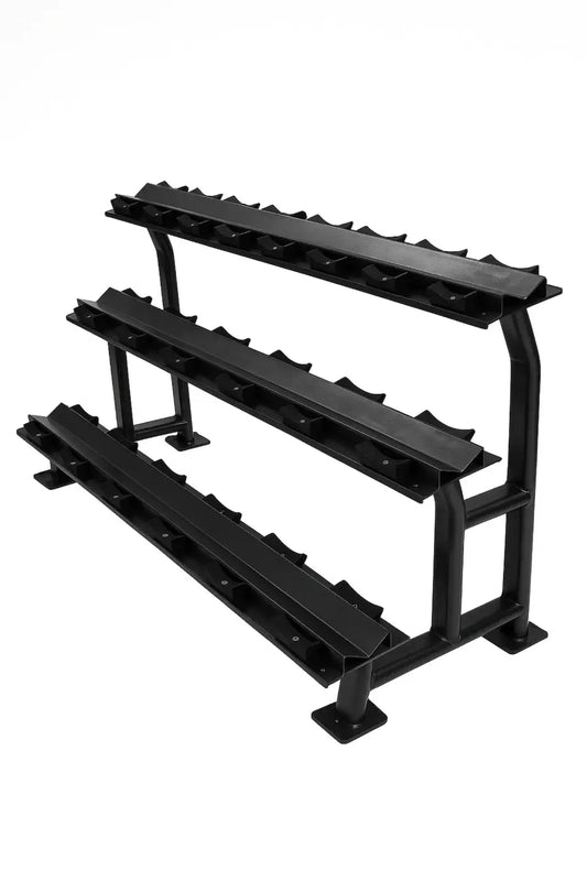 Black three-tier metal dumbbell rack with sturdy frame and evenly spaced slots for organizing weights uk delivery