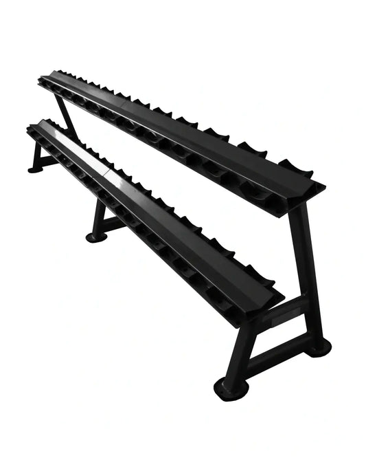 Black metal dumbbell rack with two tiers and notched slots for secure storage gym gear 12 pair 2 tier storage rack uk delivery