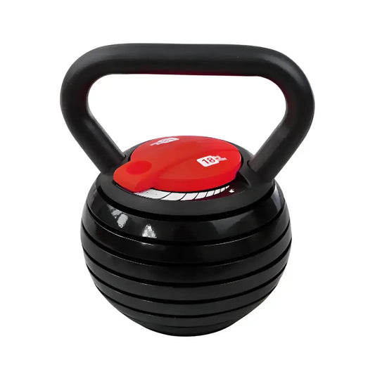 Black adjustable kettlebell with red 18 plus weight indicator cap for home workouts gym gear 18kg model