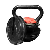 Black gym gear 18kg adjustable kettlebell with red clip and stackable weight plates for home workout use
